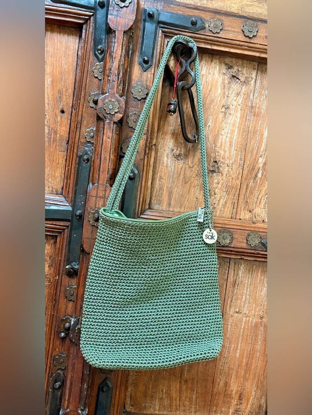 "Vintage The Sak Sage Green Crochet Knit Shoulder Bag